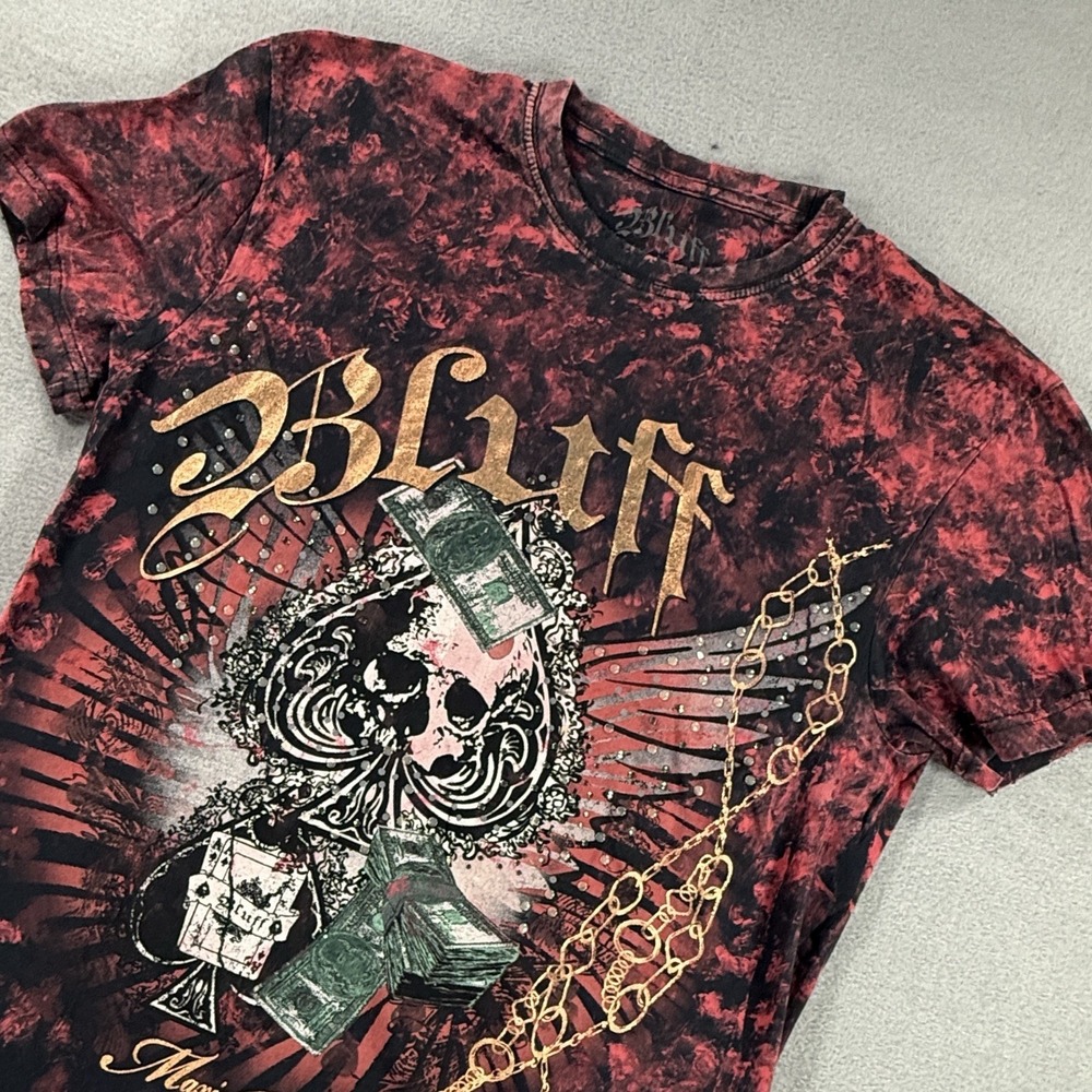 BLUFF Red Shirt Size Large Y2K Ed Hardy Affliction Money Skull Cards Vegas